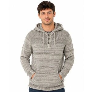 Commerce Hooded Henley Pullover Mens Size L Cream Heather Tan Space Dye Sweater